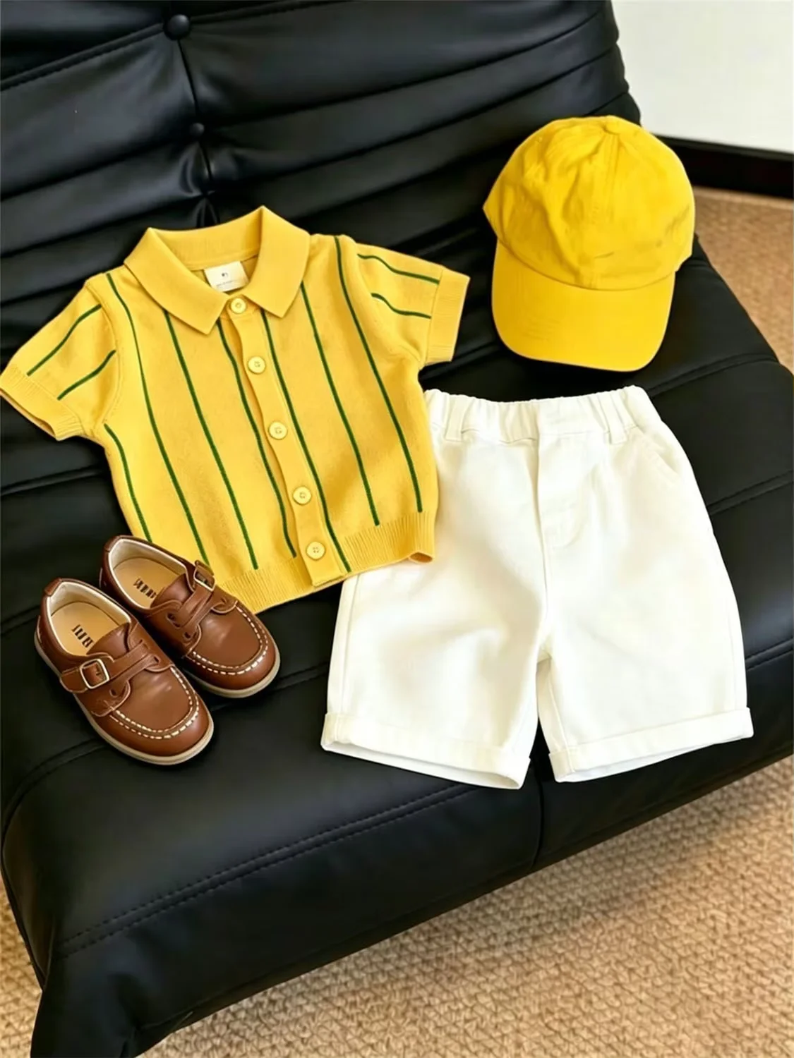 

Boys' Set Summer 2026 New Children's Yellow Striped Ice Silk Knitted Short Sleeve Top+Casual Shorts Two-piece Set