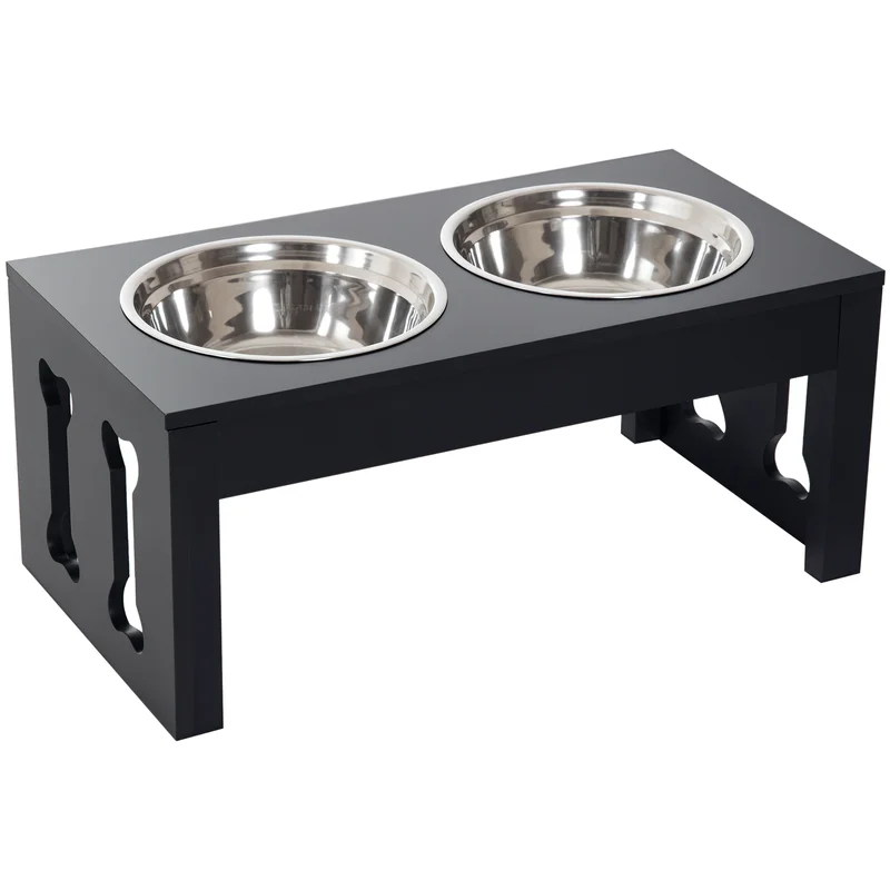 

23" Modern Decorative Raised Dog Bowls, Wooden Heavy Duty Pet Food and Water Bowl, Elevated Feeding Station, Black