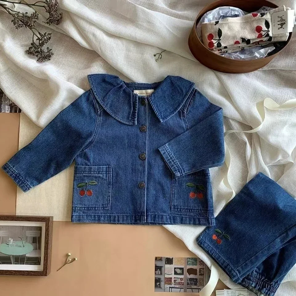 Girls Cute Embroidery Dress 2024 KS Toddler Kids Jeans Braces Jacket Girl Denim Sling Dresses Children Jean Pants Clothes Set