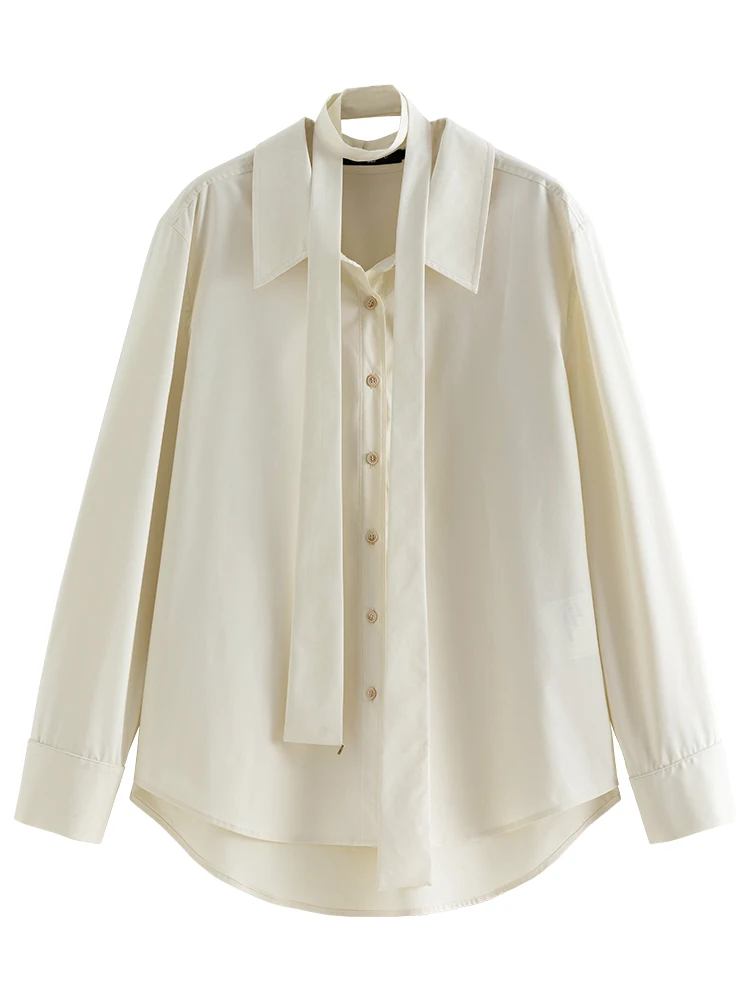 DUSHU High-end Series Egyptian Cotton Shirts Detachable Ribbon Design Long-sleeved Apricot Commute Blouses 24DS81182