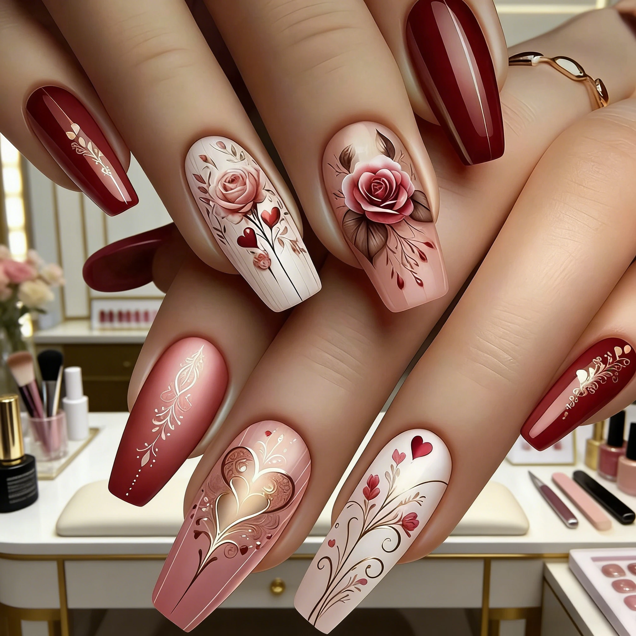 

24Pcs Rose Heart Nail Stickers Self-Adhesive Reusable Removable Decals For Women Party Daily Dating Wedding