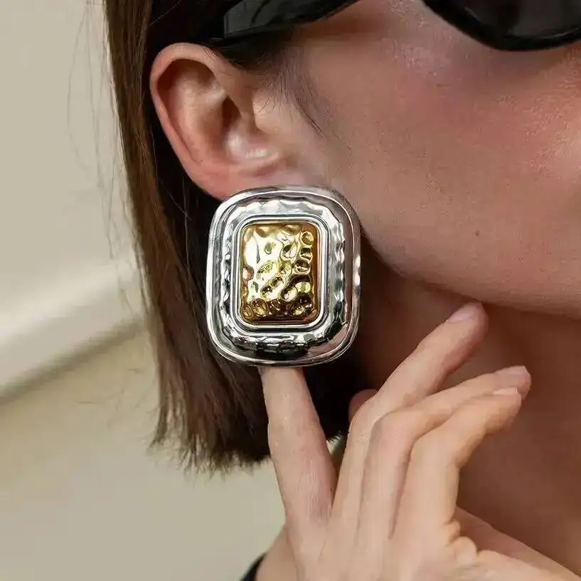 

KunJoe Punk 18K Gold Plated Statement Earrings Women Stainless Steel Square Stud Earring Daily Wear Waterproof Fashion Jewelry