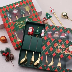 Leeseph Christmas Coffee Spoons Forks Set (4/6Pcs), Stainless Steel Spoon Forks Christmas Gifts for Kids(Red/Green Gift Box Set)