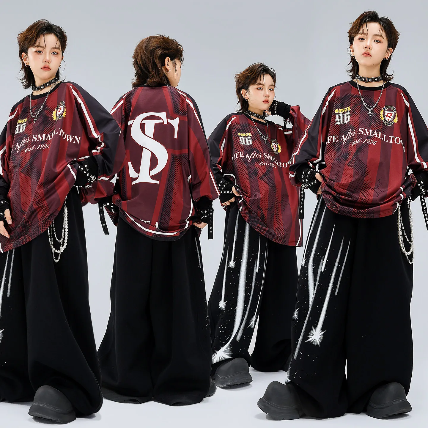 Teen Boys Gilrs Kids Fashion Hiphop Red Wine-colored Jersey+Black Meteor Pants Sets Children Track Suits Streetwear Sweatpant