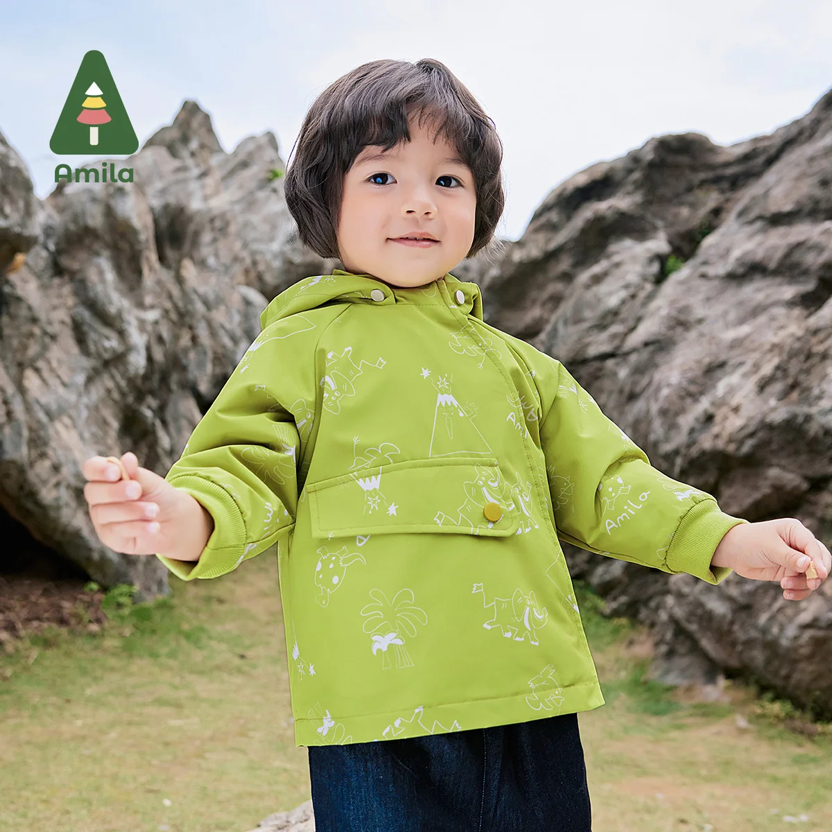 Amila Baby Jacket 2024 Autumn New Boys And Girls Outdoor Three-Proof Hooded Cartoon Full Print Loose Warm Children’s Jacket