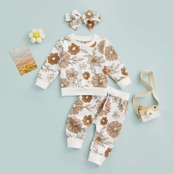 3Pcs Baby Girl Outfits Floral Sweatshirt + Pants + Headband Infant Fall Winter Clothes 0-24 Months