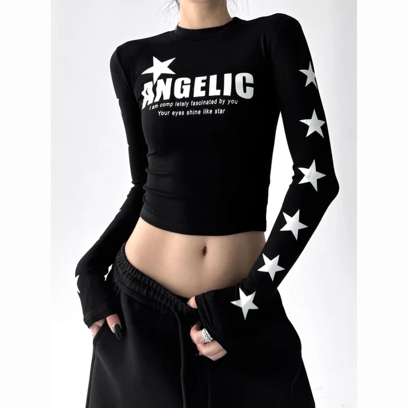 Autumn New American Retro Salt Star Printed Long-sleeved T-shirt Tops Versatile Tops