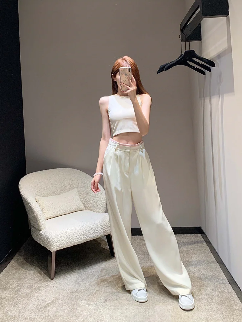 Women's pants with niche design, Korean version, British style, handsome and versatile, color blocking waist and wide leg pants