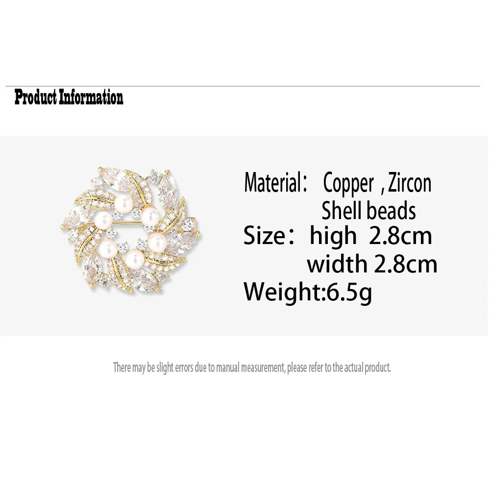 New Pearl Crystal Wreath Brooch Female Atmosphere Copper Corsage Fashion Clothing Accessories Pin Jewelry Брошь Циркон