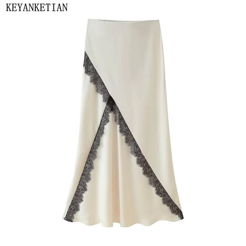 

KEYANKETIAN, новая летняя женская кружевная юбка миди с атласной текстурой, длинная юбка с высокой талией