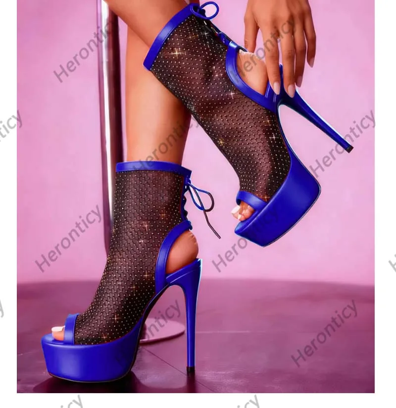 Heronticy Handmade Red Platform Ankle Boots - Custom Fishnet Mesh Stiletto Heels with Rhinestone Detail and Platform Size 5-20