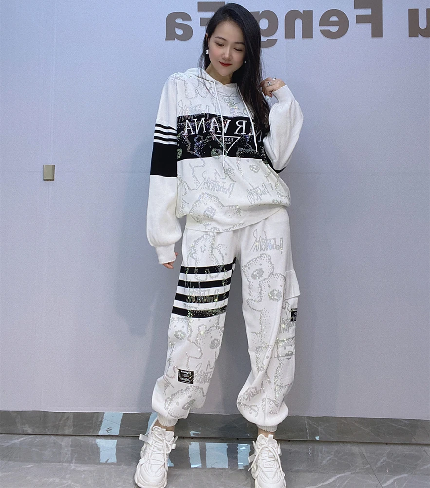 Hoodie Knitted Sweater 2 Piece Sets Women Outfit Y2K Clothes Casual Sequins Bear Striped Oversized Pencil Pants Sets Sportsuit