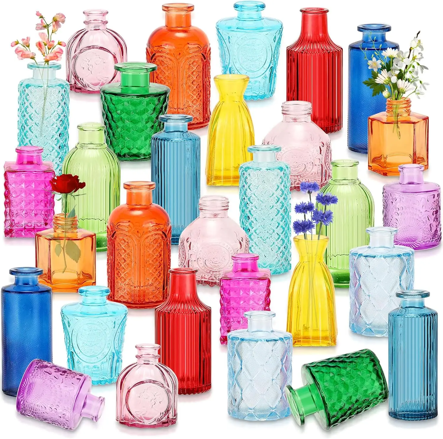 30 Pcs  Bulk Colored Flower Glass Bud Vases Vintage Colored Glass Bottles Vases Colorful Rustic Embossed