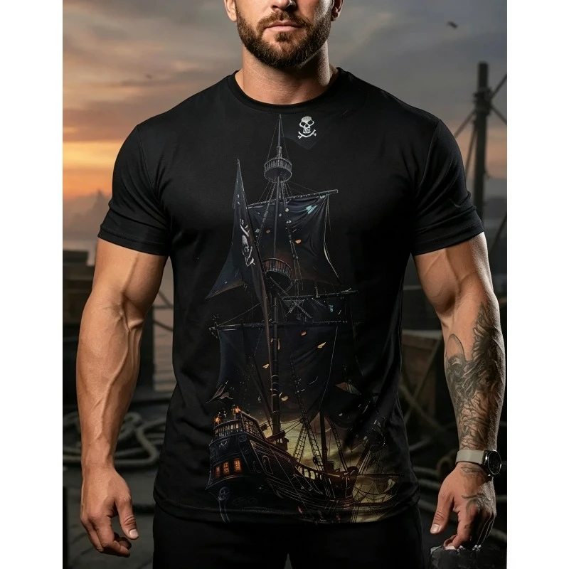 Men's Pirate Ship 3D Print T-Shirt Vintage Ocean Skull Pirate Graphic Short Sleeve Crew Neck Tee Casual Summer Streetwear Tops
