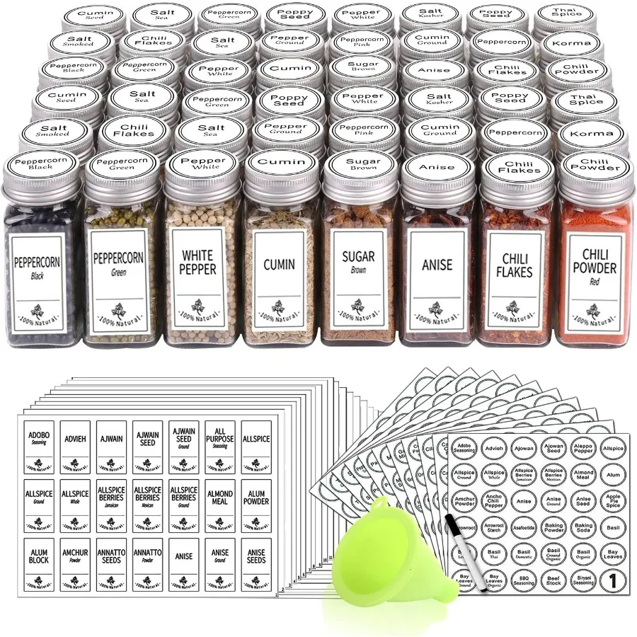 

Complete 48 Glass Spice Jars Set with 806 White Spice Labels Chalk Marker and Funnel for Kitchen Organization: Empty Square 4 o