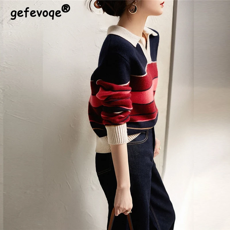 Women Vintage Korean Style Contrast Color Striped Polo Collar Outewear Knitted Sweater Casual Slim Long Sleeve Pullovers Jumpers