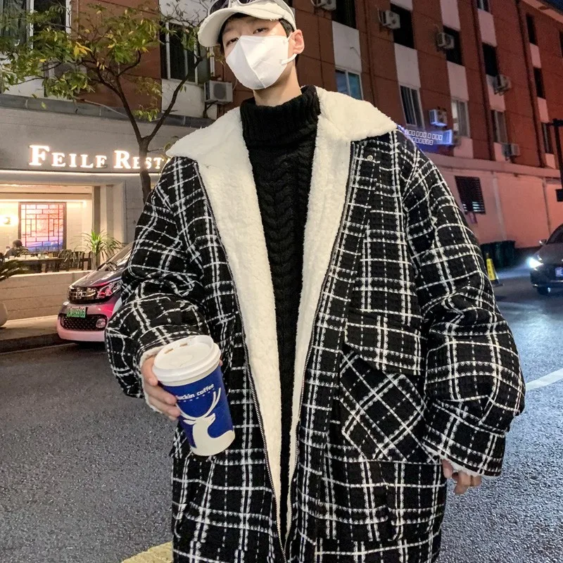 

Мужская зимняя куртка из овечьей шерсти, утепленная, стеганая, в клетку, в американском ретро-стиле, молодежная, повседневная, теплая, на молнии