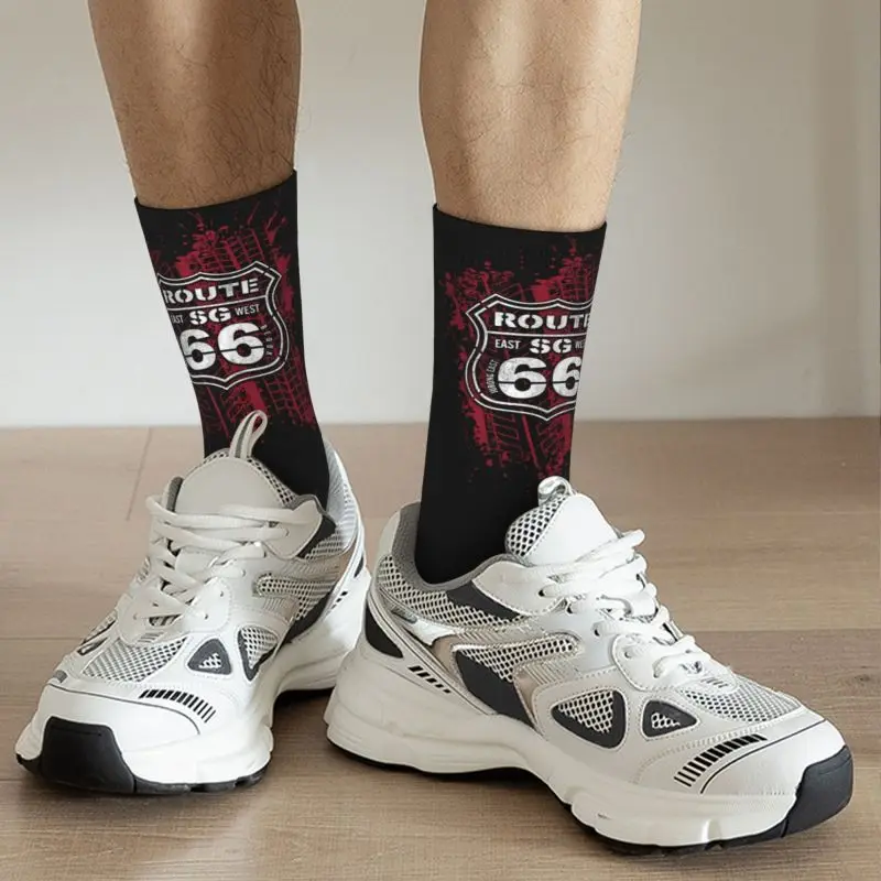 Calcetines elásticos con estampado de Ruta 66 para hombre y mujer, medias de equipo para madre, carretera, América, verano, Otoño e Invierno