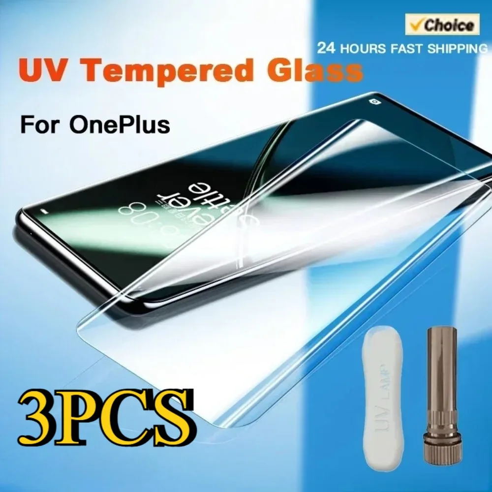 3PCS HD UV Tempered Glass For OnePlus 13 12 11 R 7 8 9 10 7T Ace2 Pro Full Cover Glue Curing For OnePlus13 Screen Protector