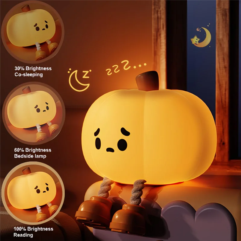Lampada tattile a forma di zucca con luce notturna a forma di zucca carina di vendita superiore con 3 livelli di luminosità Luce notturna calda ricaricabile in silicone morbido