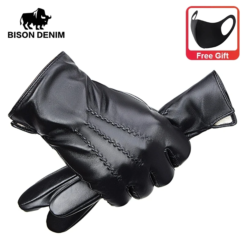 Warm Winter Men's Sheepskin Leather Gloves Touch Screen Full Finger Mittens With Mask Riding Driving Gloves Free Shipping