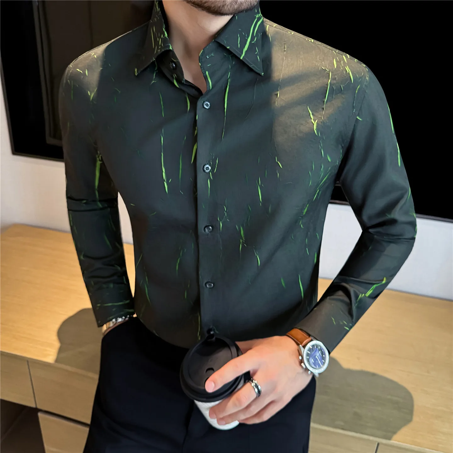 قميص رجالي بأكمام طويلة بنمط فرقعة - أزرق داكن (أسود/أخضر) M-3XL تصميم أنيق برقبة على شكل حرف V قماش قابل للتمدد للتجاعيد ​