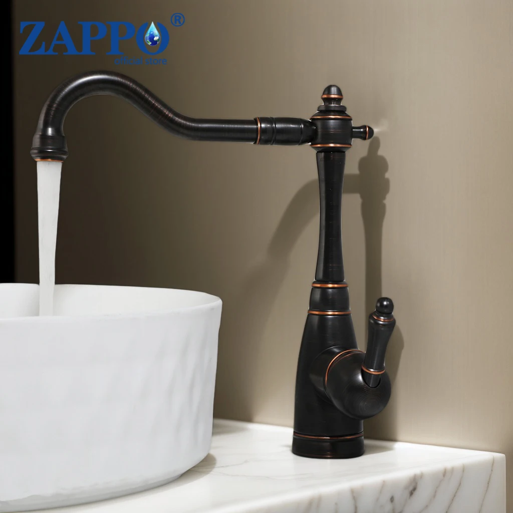 

ZAPPO ORB Black Bathroom Vessel Sink Faucet 360° Swivel Spout Single Handle Cold & Hot Water Mixer Vintage Style Brass Basin Tap