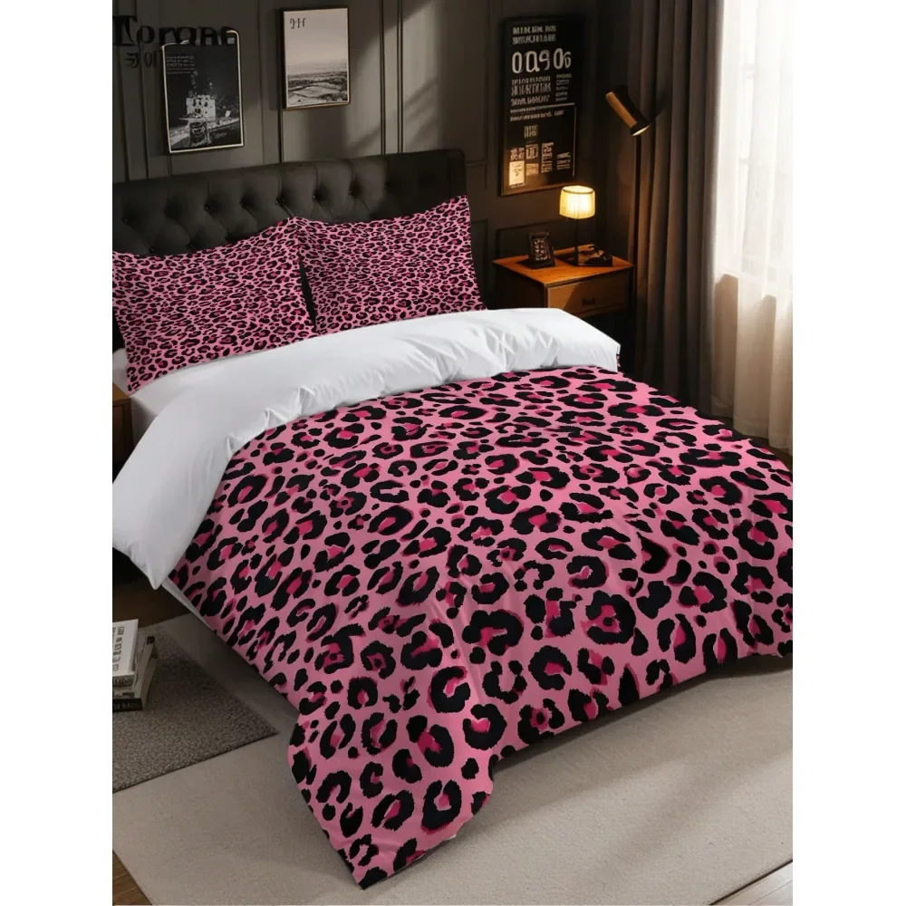 

Edgy Modern Pink Leopard Print Duvet Cover Set 1Duvet Cover 2Pillowcase, Without Core, Bold P Leopard Spots On A Pink Backdrop,