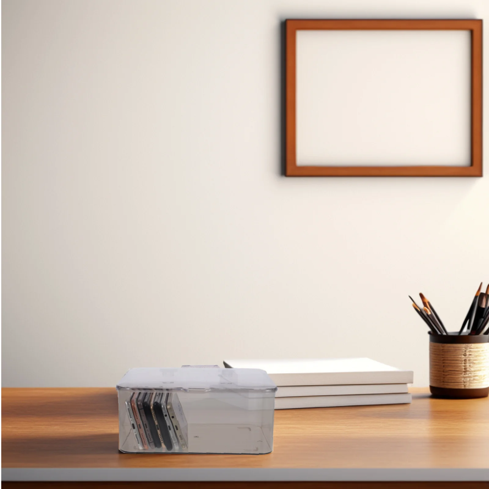 منظم مكتب شفاف مع غطاء صندوق درج بلاستيكي شفاف لملصقات الهاتف وسجل القصاصات والورقية والخرز والقرطاسية والمكتب المنزلي