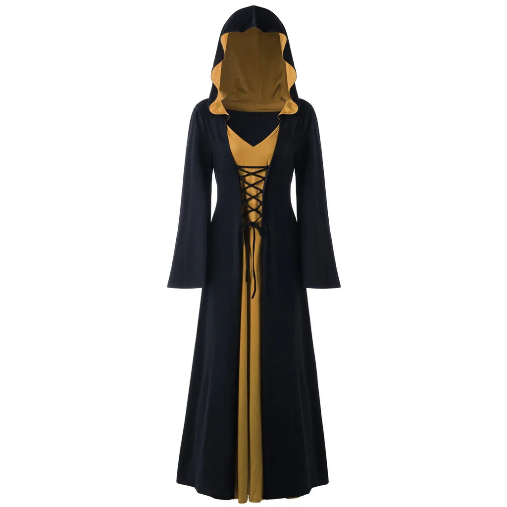 Abito medievale per donna Mantello con cappuccio vintage con lacci Abito adulto Costume retrò Cosplay Halloween Spaventoso Vampiro Strega Abito lungo