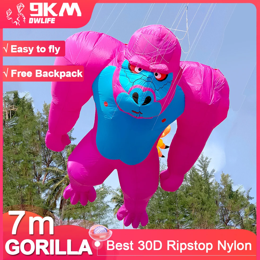 9KM Giant 7m Gorilla KiteLine Laundry Kite Soft Inflatable 30D Ripstop Nylon with Bag for Kite Festival (Accept wholesale)