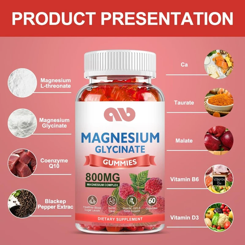 Sugar free magnesium glycinate gummies, containing magnesium glycinate, malic acid, COQ10, vitamins B6 and D3