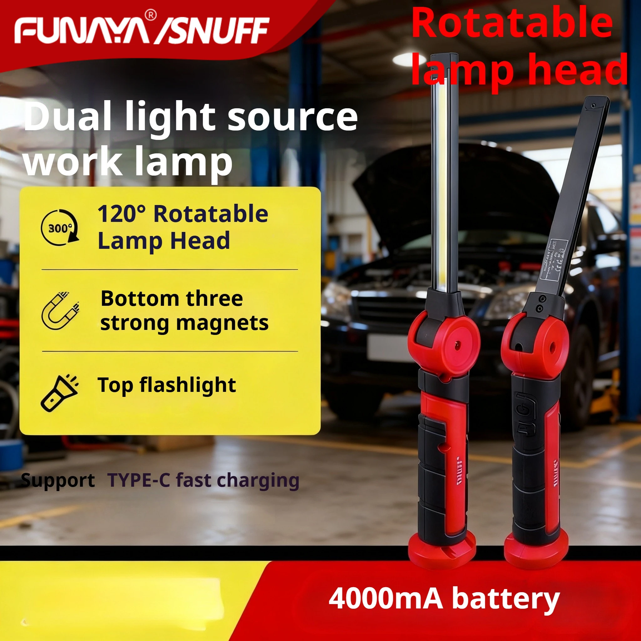 

Work Light for Auto Repair Dual Light Source Rechargeable LED Lamp Li-ion Magnet Anti-drop Vehicle Inspection Flashlight