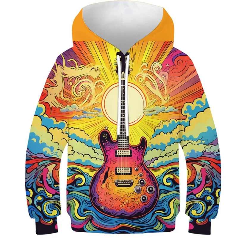 New Year Fireworks Pattern Hoodie For Men Guitar Koi 3D Printed Long Sleeve Casual Pullover Street Tops Hoodies Loose Sweatshirt