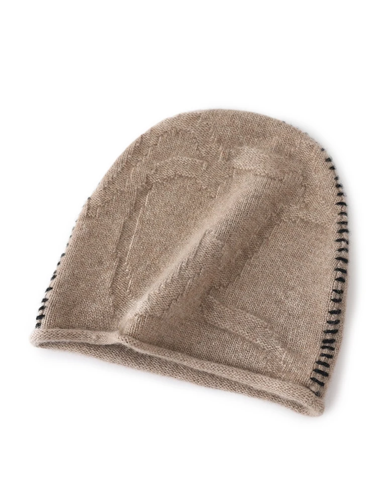 100% Cashmere Beanie with Rolled Hem Contrast Hand Stitching Textured Knit Hat Trendy Oversized Slouchy Cap Men Women Streetwear