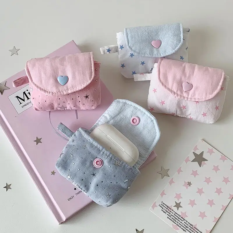 Fashion Mini Earphone Storage Bag Snap Button Sequined Stars Bluetooth Headset Case Key Jewelry Protective Pouch For Women Girls