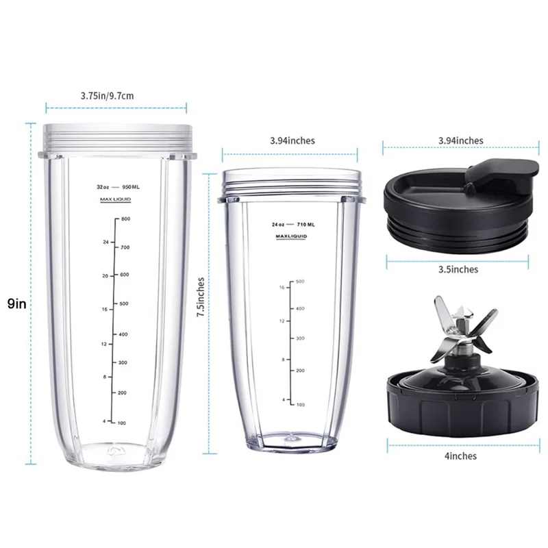 Blender Replacement Parts for ,32Oz&24Oz Cup and with Lids,7 Fins Extractor Blade,for BL480-30 BL483-30