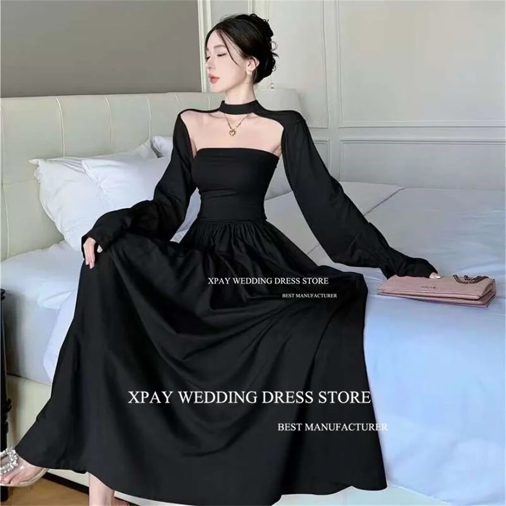 XPAY 2Pcs Strapless Black Korea Evening Dresses With Long Sleeves Cape Coat Wedding Photo Shoot Sexy Pleat Formal Occasion Dress