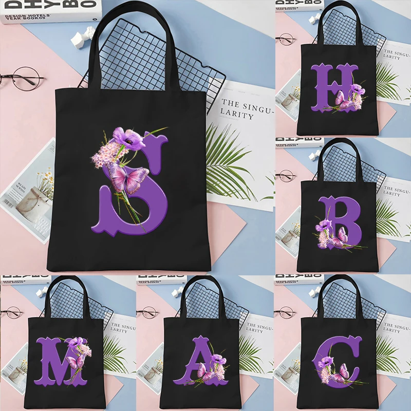 26 Alphabet Tote Bag Women Team Bride Party Canvas Butterfly Flowers Shopping Bags Purple Letters Teen Y2K Shoulder Handbags