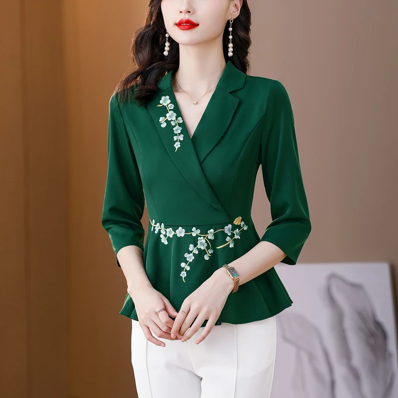 M-4XL Elegant Fashion Embroidery Blouse 3/4 Sleeve Ruffles Tops 2023 Spring Summer V neck Women Shirt