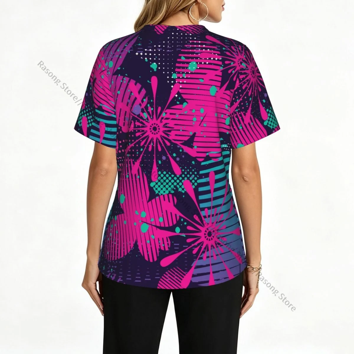 Abstract Floral Butterfly Scrubs Medical Uniforms Women V Neck Short Sleeve Tunic Scrubs Tops Nursing Surgical Uniforms