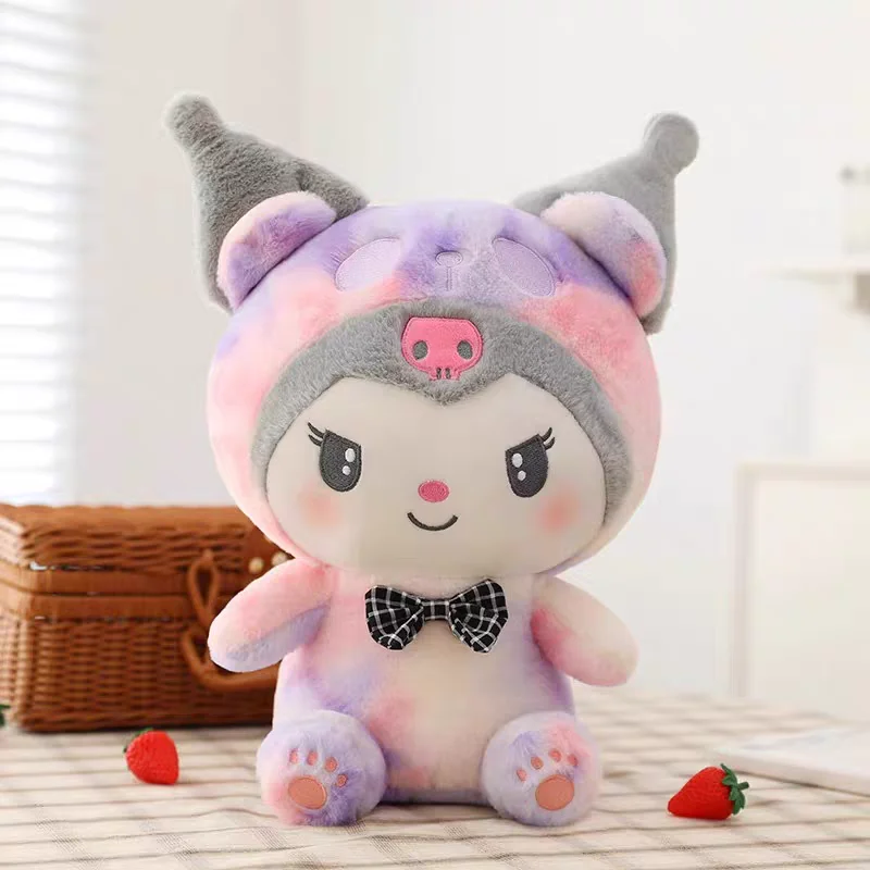 Sanrio Kawaii Tie Dye Kuromi Melody mainan mewah Cinnamoroll Cross Dressing Doll adalah hadiah yang lucu untuk anak perempuan