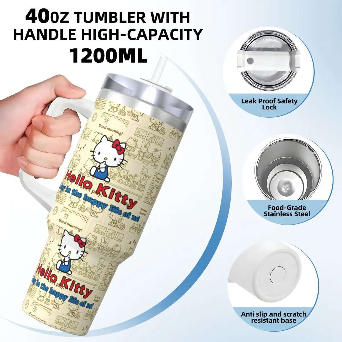 Stainless Steel Tumbler Hello Kitty Daily Life Cute Car Mugs With Straws Travel Drinks Water Bottle Large Capacity Coffee Mug image 2
