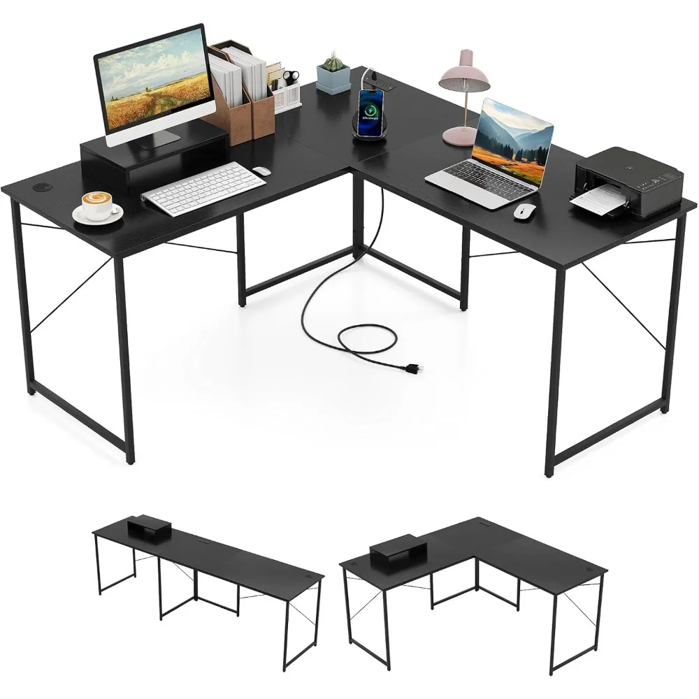

L-Shaped Computer Desk with Power Outlets, 95” Long 2-Person Desk with Monitor Shelf, Modern Corner Desk Gaming Table with USB