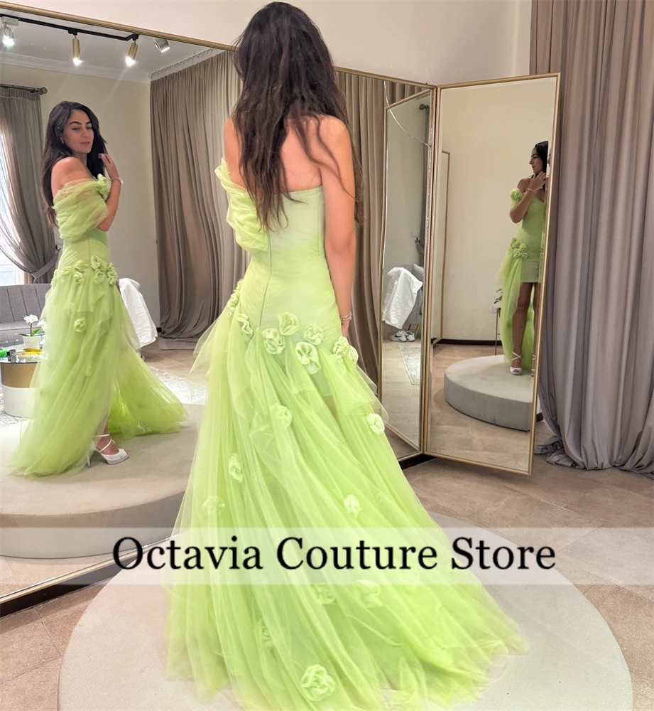 Customized Yellow Evening Dresses 3D Flowers Off Shoulder Long Prom Saudi Arabric Celebrity Formal Vestidos De Fiesta