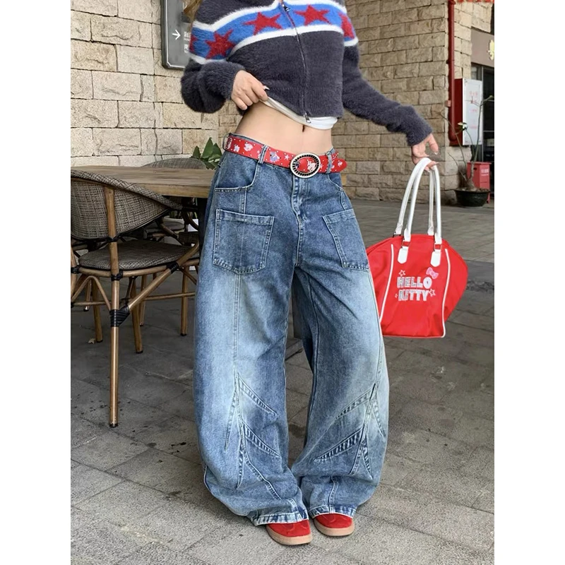 女性ヴィンテージブルーバギーY2kカーゴジーンズアメリカンレトロ2000年代原宿デニムパンツストリートウェアオーバーサイズデニムパンツ