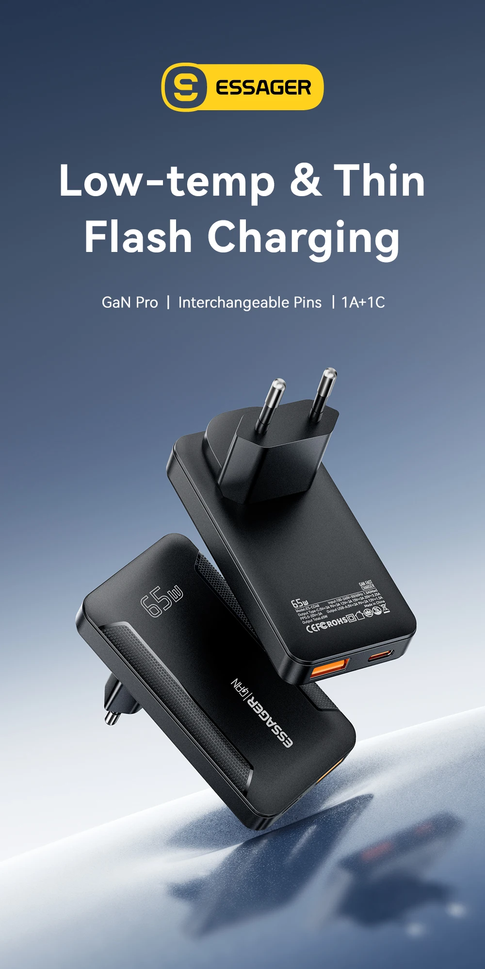 Essager Slim 65 W GaN Reiseladegerät USB A Typ C Tragbares Ladegerät Klappbares Schnellladegerät für iPhone 17 16 Samsung MacBook Laptop – Detail 1