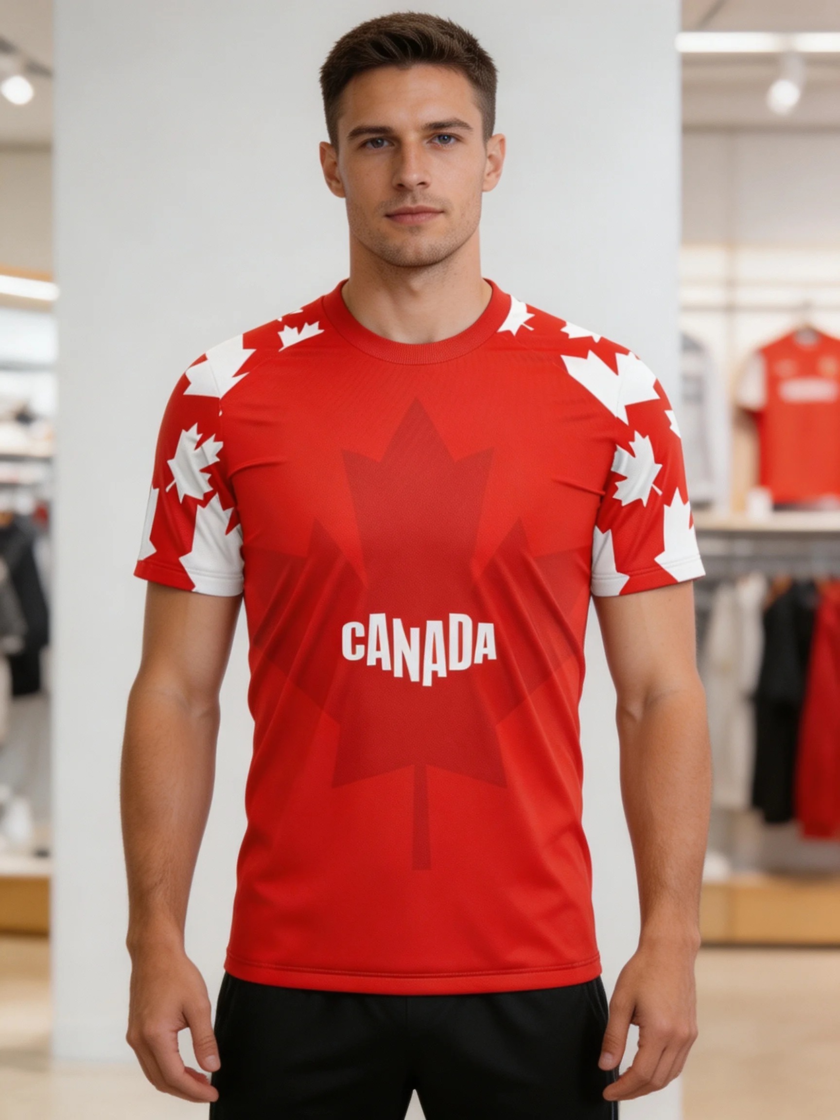 Canada themed football jersey,subtle chest maple‑leaf,maple‑leaf spliced sleeves,moisture‑wicking fabric,athletic fit