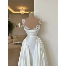 Elegant Satin Women Evening Dresses Chic Pearls Beads Mermaid Prom Gowns Fashion Sweetheart Pleat Sweep Train Party Dresses