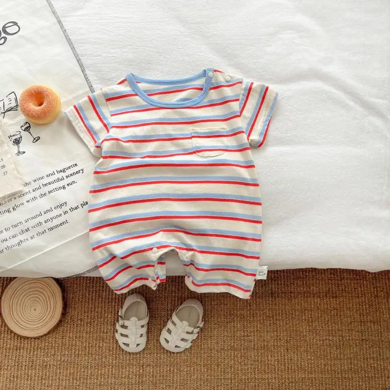 2026 Summer New Baby Short Sleeve Romper Cotton Casual Infant Boy Girl Loose Striped Jumpsuit Newborn Clothes 0-24M